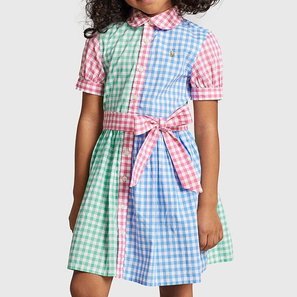 POLO Ralph Lauren Girls Pink Green Blue Plaid Short Sleeve Easter Cotton Dress